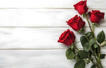 A white wooden background with vibrant red roses elegantly arranged, creating a romantic and minimal aesthetic. Ideal for wedding invitations, love-themed designs, and elegant floral compositions.
