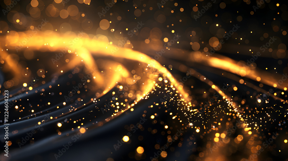 Poster abstract golden light particles flowing over a dark surface, creating a dynamic visual effect.