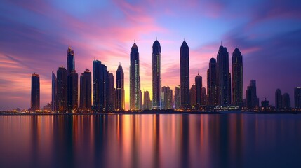 Obraz premium A glowing urban skyline at dusk, with towering skyscrapers reflecting the colors of the setting sun.