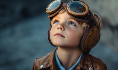 Young Aviator Boy with Goggles and Leather Flight Jacket, Close-Up Portrait, Dreaming of Flying, Inspiring Childhood Adventure, Bright Eyes and Freckles, Outdoors Daylight, Aspiring, Generative AI