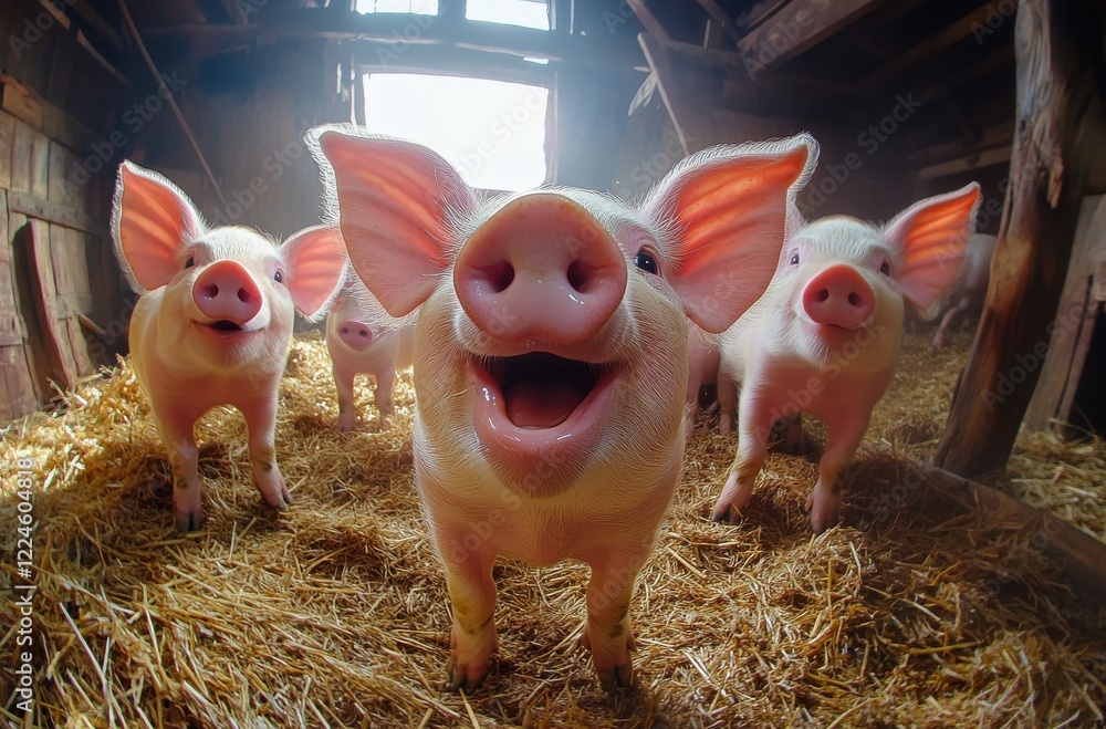 Poster playful piglets delight in barn setting with straw and soft light, showcasing their joyful personali