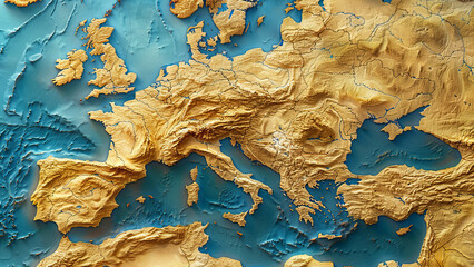 Topographical 3D Map of Europe with Detailed Elevation Features