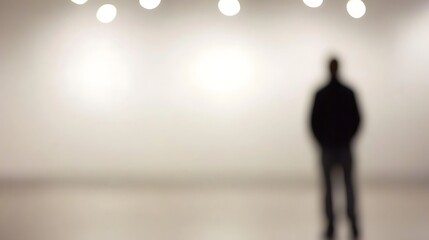 Blurred figure in gallery; neutral interior space