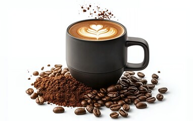 Rich cappuccino with heart latte art in a modern black mug surrounded by coffee beans and ground powder for a premium coffee presentation