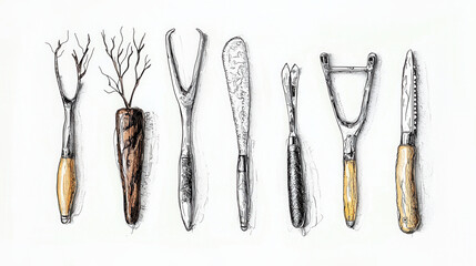 Gardening tools illustration featuring various hand tools for planting and digging. Perfect for gardening enthusiasts and educational purposes