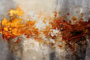 Textura de pintura al óleo abstracta sobre lienzo. Obra de arte moderna colorida, trazos abstractos de pintura dorada y blanca.