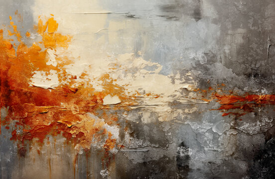 Textura de pintura al &oacute;leo abstracta sobre lienzo. Obra de arte moderna colorida, trazos abstractos de pintura dorada y blanca.