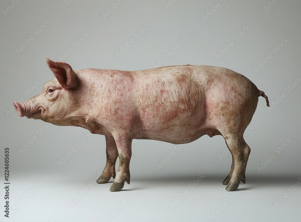 Poster realistic side view of a pig on a simple background, highlighting details of its skin texture and fe