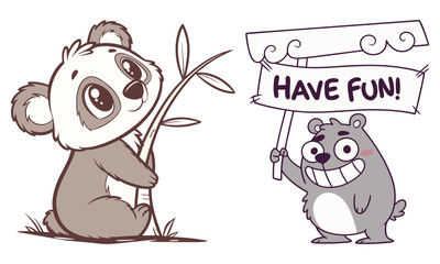 Cartoon bears. Happy bear, grizzly eats honey and brown bear character in funny poses illustration