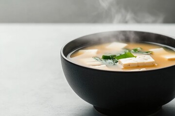 Warm bowl of soup with tofu and herbs, steam rising, inviting co