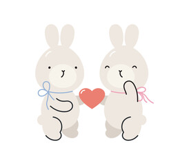 Сute rabbits with heart. Isolated on white background. Valentine's day design. For card, posters, stickers, banners, printing on the pack, printing on clothes, fabric, wallpaper.