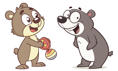 Cartoon bears. Happy bear, grizzly eats honey and brown bear character in funny poses illustration