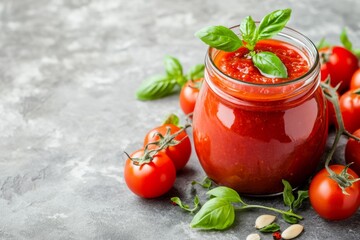 Tomato sauce in a glass jar, tomatoes, olive oil, salt, pepper and herbs. Fresh red tomato puree and ingredients on a gray concrete stone background. Organic Homemade ketchup, Tomato paste. Top view