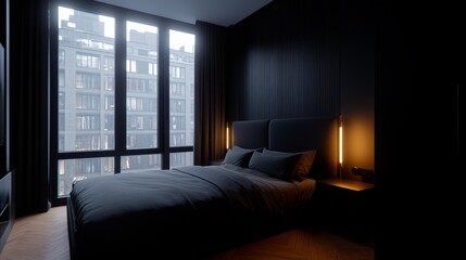 Fototapeta premium Dark Modern Bedroom City View Night Lighting Design