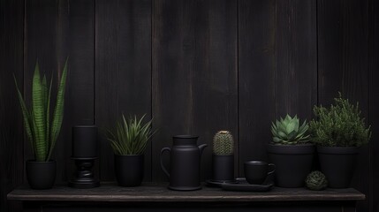 Fototapeta premium Dark Minimalist Still Life with Succulents and Coffee Pot