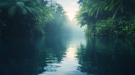 Fototapeta premium Serene Tropical River Landscape Lush Green Jungle Calm Water Tranquil Nature Scene Peaceful Exotic 