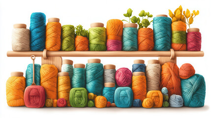 Colorful yarn spools arranged on shelf, showcasing various textures and shades. Perfect for crafting enthusiasts and crochet lovers