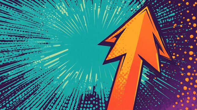 Vibrant orange arrow powerfully ascends teal dynamic background. AI Generated