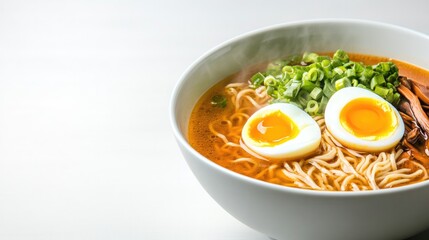 Steaming bowl of noodles topped with soft-boiled eggs and fresh