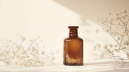 Bottle & flowers on tan surface, in soft light