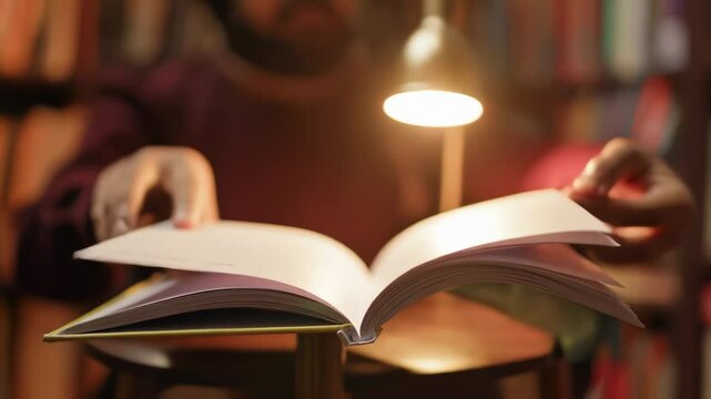 Student turning pages of textbook under warm lamp light in library