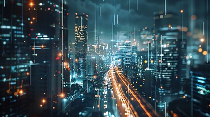 Naklejka premium A futuristic cityscape at night with glowing neon lights and a network of data streams.