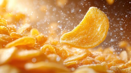 Bright yellow banana chip captured mid-air with a blurred heap in the background