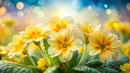 Obraz premium Double Exposure Primroses: Spring Blossoms & Dreamy Landscape