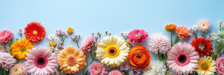 A vibrant display of diverse flowers including daisies, tulips, and roses creates a joyful atmosphere. The arrangement highlights springtime's essence, perfect for events.