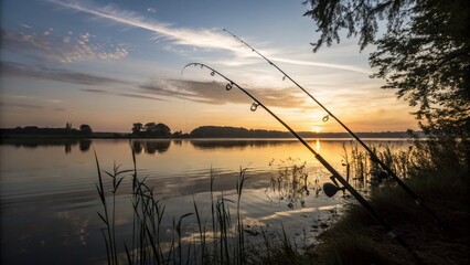 Double Exposure: Serene Lake and Intertwined Fishing Rods
