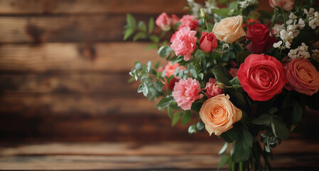 Beautiful bouquet of roses, spring or summer flowers on a wooden background. Banner. . Copy space. Advertising background for Valentine's Day, Birthday, Spring and Summer Holidays