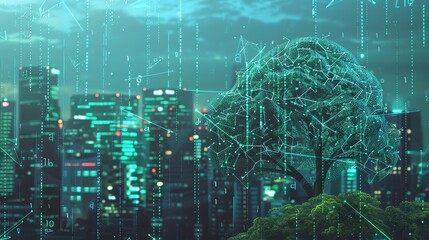 A digital art piece of a tree in front of a futuristic cityscape at night, with glowing green lines and data streams overlayed.