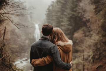 Couple embracing while admiring a waterfall in a misty forest, enjoying a romantic moment surrounded by nature's beauty