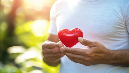 Fototapeta premium Man’s Hand Holding 3D Red Heart Symbolizing Care, Love, and Valentine’s Day, Wearing White T-Shirt in Outdoor Park with Blurred Bokeh Background