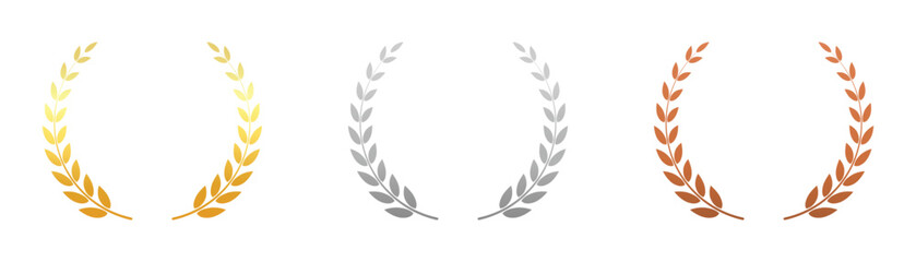 laurel wreath set. gold, silver and bronze wreath badge for award, achievement, trophy, prize winner and other design element. transparent vector.