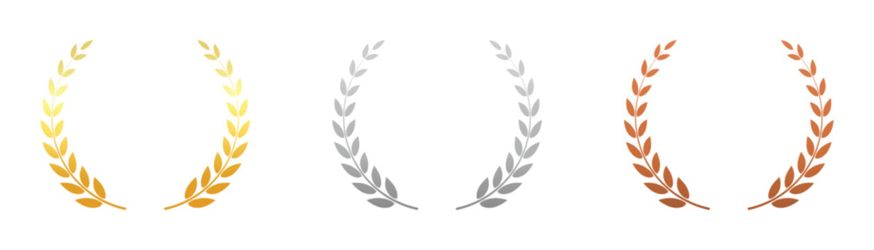 laurel wreath set. gold, silver and bronze wreath badge for award, achievement, trophy, prize winner and other design element. transparent vector.