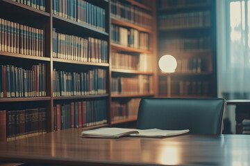 Warm Lit Library Interior Wooden Desk, Books, and Open Book