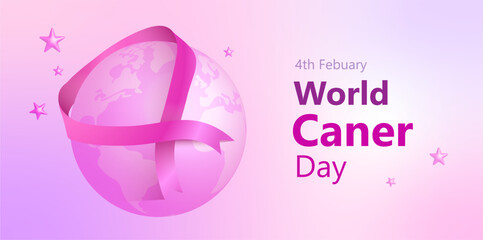 World cancer day vector banner pink ribbon and world graphics illustration banner.
