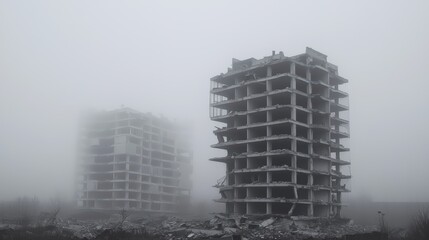 Fogcovered ruins a haunting minimalist cityscape