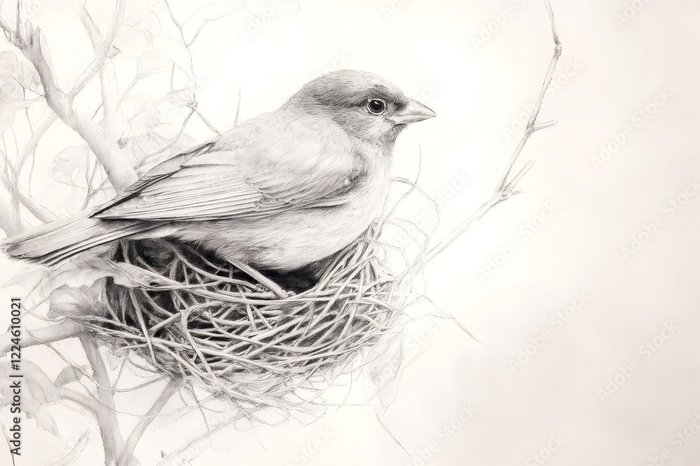 Poster detailed pencil drawing of a sparrow resting in its nest built with twigs on a tree branch, showcasi