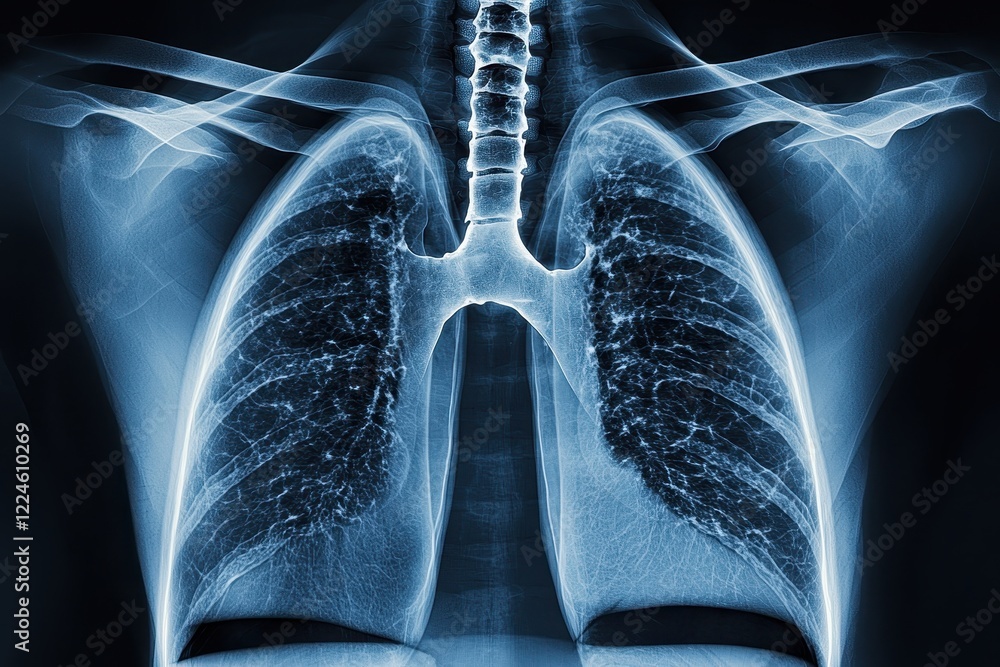 Poster an x-ray image displaying human lungs, highlighting structures and potential abnormalities within th