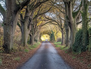 Fototapeta premium A quiet countryside road lined with tall autumn trees, creating a natural tunnel effect.