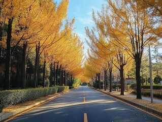 Obraz premium A quiet countryside road lined with tall autumn trees, creating a natural tunnel effect.