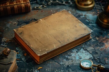 mockup with a vintage book a stack of grungy paper and antique brass items on a dark metal background hard cover blank empty