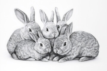 Obraz premium Five adorable rabbits huddle together, creating a heartwarming scene captured in a detailed pencil sketch