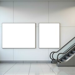 Two horizontal billboards mockup positioned on a smooth, white wall adjacent to a modern subway escalator, featuring sleek lines and minimalistic design. The lighting is bright and even, emphasizing t