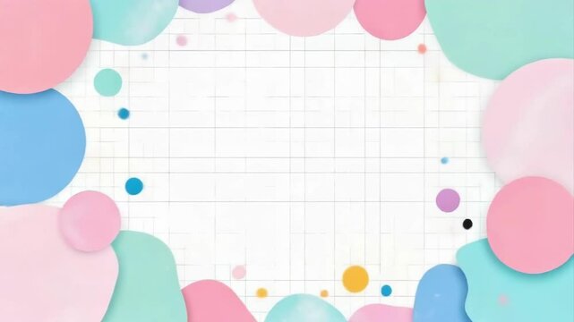 A colorful abstract border of pastel shapes in pink, blue, and yellow.