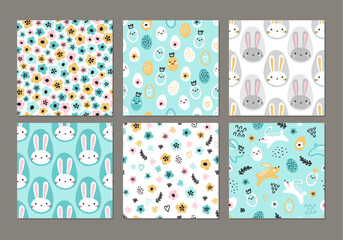 Cute childish Easter seamless pattern with hand drawn rabbits and eggs