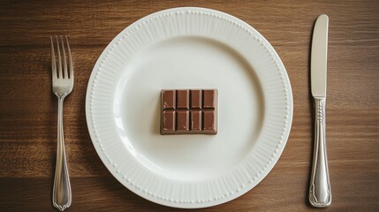 Chocolate bar placed on a decorative plate with utensils arranged neatly for dessert time
