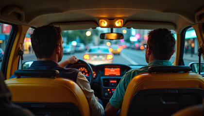 Fototapeta premium Taxi driver navigating a yellow cab through urban streets at evening for Labor Day 